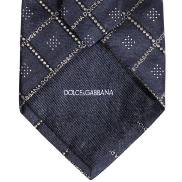 DOLCE & GABBANA 100% Silk Tie Diamond Pattern Black, Gold & White - Picture 5 of 6